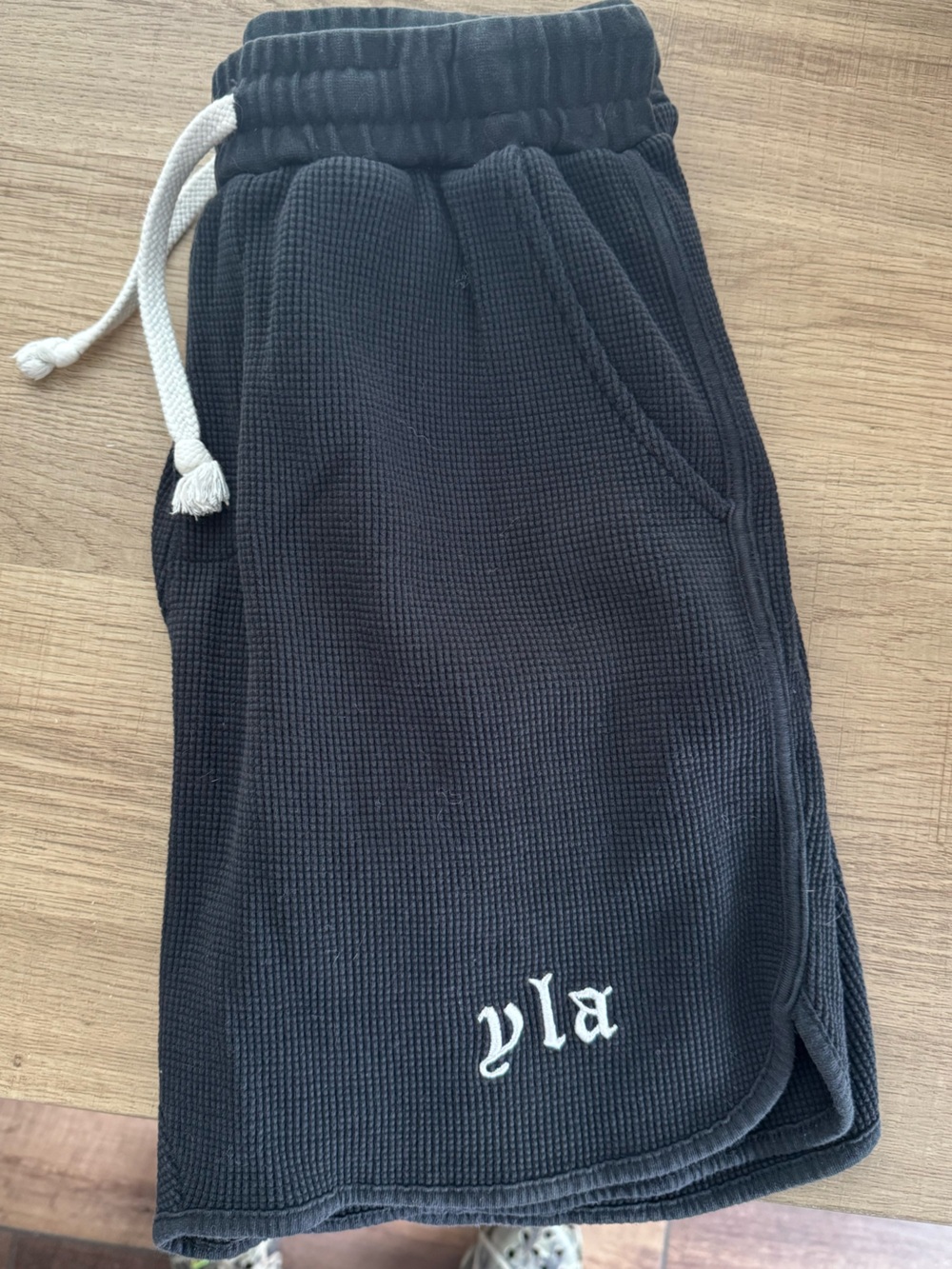 YoungLA Black Waffle Knit Men's Shorts with White Drawstring